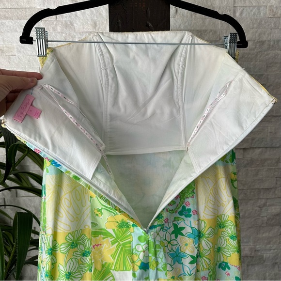LILLY PULITZER Strapless Bowen Gator Print Patch Yellow Green Dress Size 0 - Picture 8 of 11